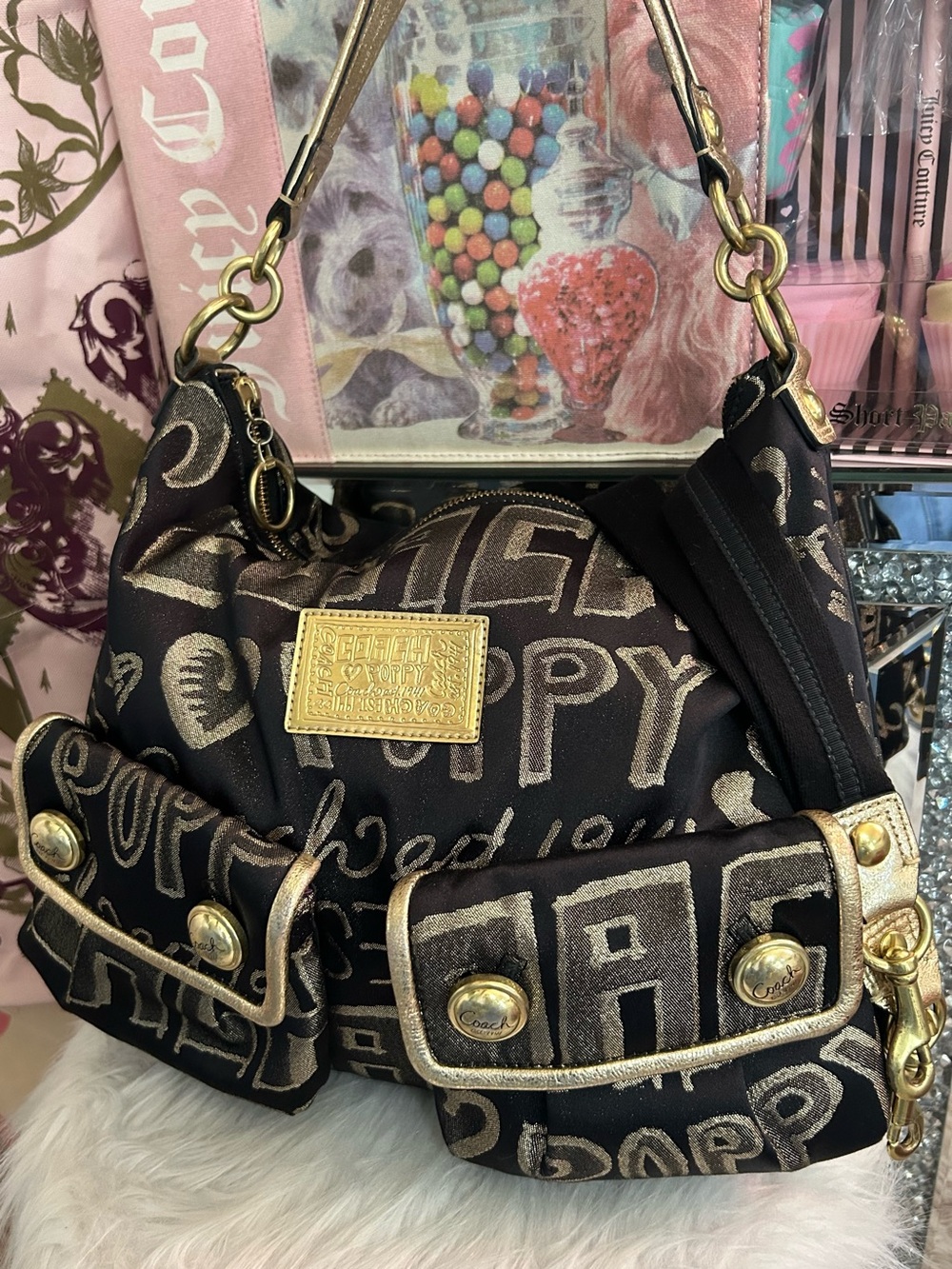 Y2K Coach Black Poppy Graffiti Gold Glitter 2 Way Hobo Shoulder Crossbody Bag